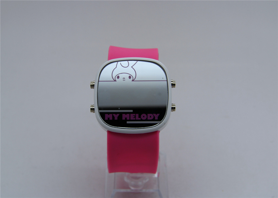 Cartoon Pink square red custom silicone watches LED time and date function mirror glass