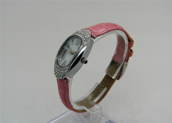 Red Oval Roman number Ladies Diamond Watches PU leather strap