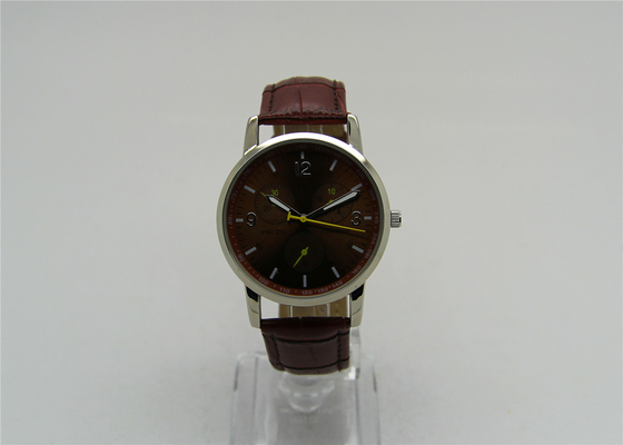 Brown dial leather strap mens dress watches with luminous hands