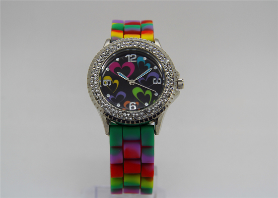Waterproof Rainbow Silicone Strap Watch  alloy diamond round case