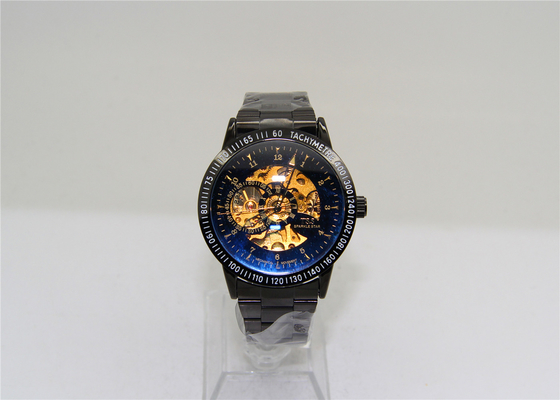 Black Stainless Steel Case Watch Golden Skeleton automatic mechanical movement 3ATM