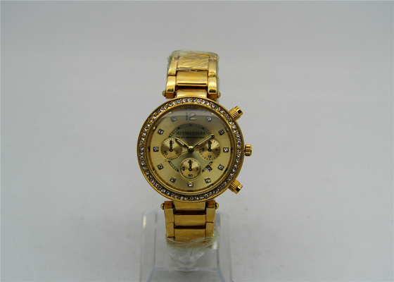 18K Gold Gent Brass Wrist Watch Analog Quartz Movement with shining stones